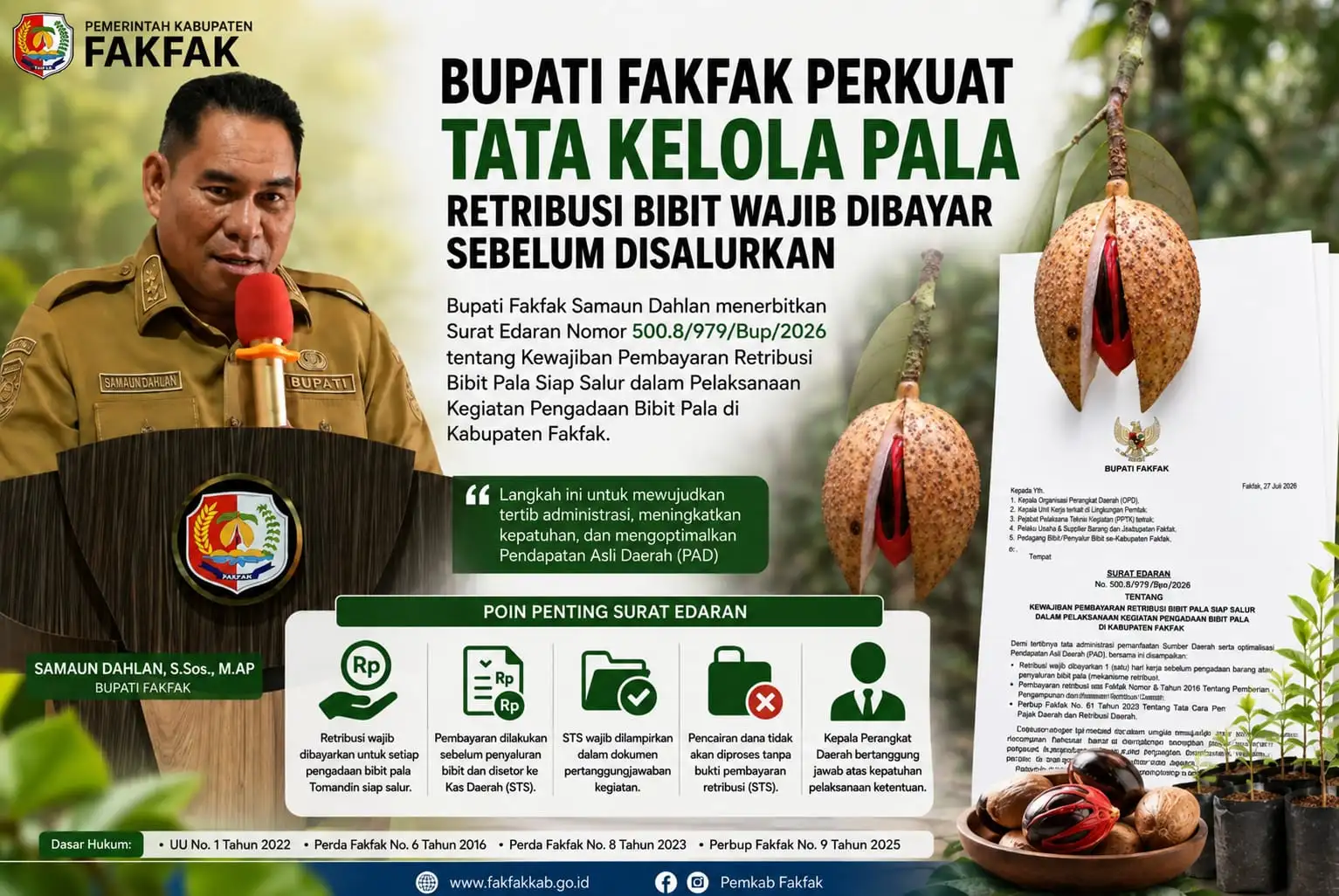 Bupati Fakfak Wajibkan Retribusi Bibit Pala Sebelum Disalurkan, Perkuat Tata Kelola dan Dongkrak PAD